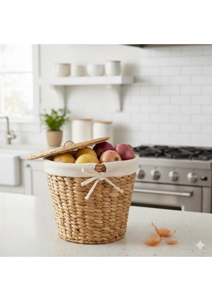 Su Sümbülü Patates Soğan Kovası | Doğal Hasır Saklama Sepeti | El Yapımı Yuvarlak Şekilli Mutfak Düzenleyici | Dekoratif Sebze Kovası (25X25X25CM) modelleri