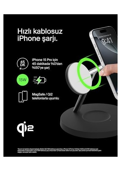 Boostcharge 3&apos;ü 1 Arada Qi2 Şarj Cihazı, Magsafe Uyumlu Kablosuz Şarj Istasyonu, 16 Serisi,, Kaymaz Tabanlı Airpods Için Qi2 Kablosuz Şarj Aleti, Psu Dahil - Siyah modelleri