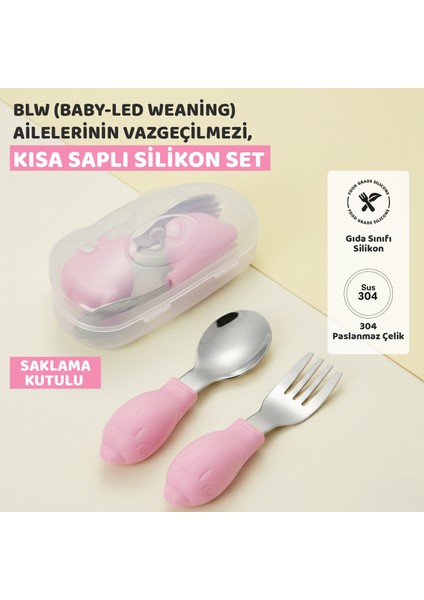 Bebek Silikon Saplı Çelik Kaşık Çatal Seti, Blw, Balık Desen, Taşıma Kutulu, Pembe