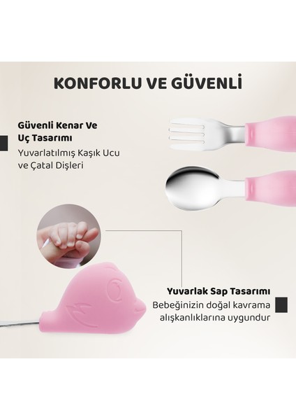 Bebek Silikon Saplı Çelik Kaşık Çatal Seti, Blw, Balık Desen, Taşıma Kutulu, Pembe fiyatları