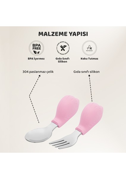 Bebek Silikon Saplı Çelik Kaşık Çatal Seti, Blw, Balık Desen, Taşıma Kutulu, Pembe modelleri