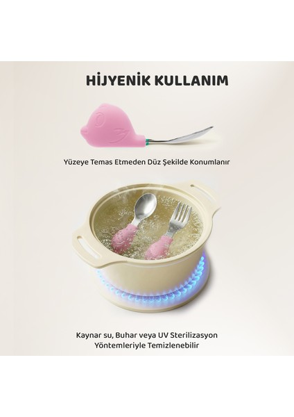 Bebek Silikon Saplı Çelik Kaşık Çatal Seti, Blw, Balık Desen, Taşıma Kutulu, Pembe fırsatları