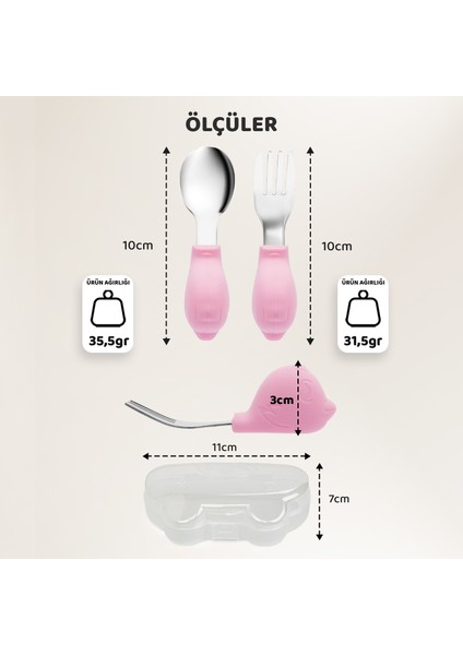 Bebek Silikon Saplı Çelik Kaşık Çatal Seti, Blw, Balık Desen, Taşıma Kutulu, Pembe indirimleri