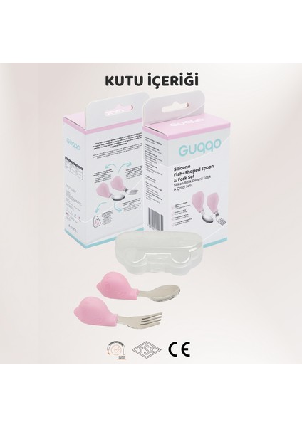 Bebek Silikon Saplı Çelik Kaşık Çatal Seti, Blw, Balık Desen, Taşıma Kutulu, Pembe
