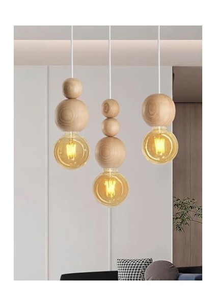 Ahşap Detaylı Modern Rustik Sarkıt Avize Şık ve Doğal Tasarım Salon Oturma Odası (Beyaz-Ahşap)