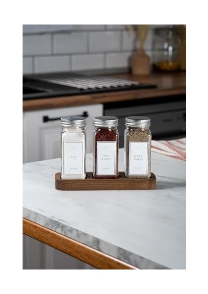 3&apos;lü Gümüş Baharatlık Seti Ahşap Stantlı