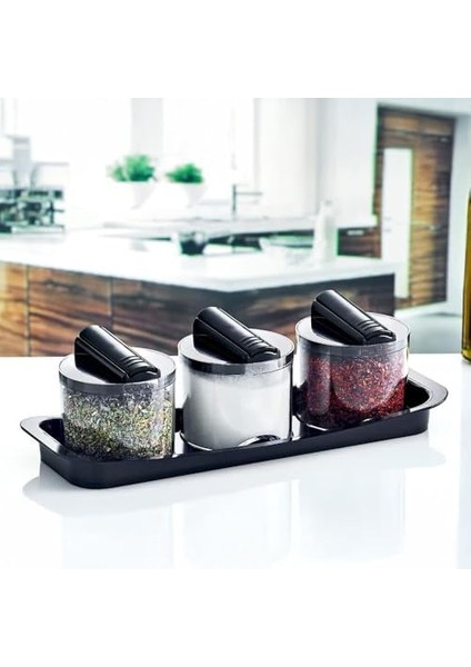 Favori 3&apos;lü Lüks Baharatlık Seti - Kaşıklı ve Özel Standlı Tezgah Üstü Tuzluk, Karabiberlik ve Baharat Seti | Şeffaf ve Şık Tasarım (26CM x 9cm x 8 Cm)