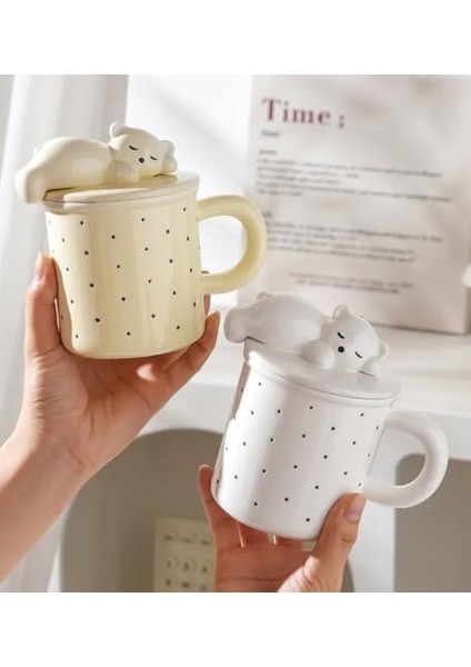 Ayıcık Figürlü Nokta Desenli Kapaklı Seramik Kupa