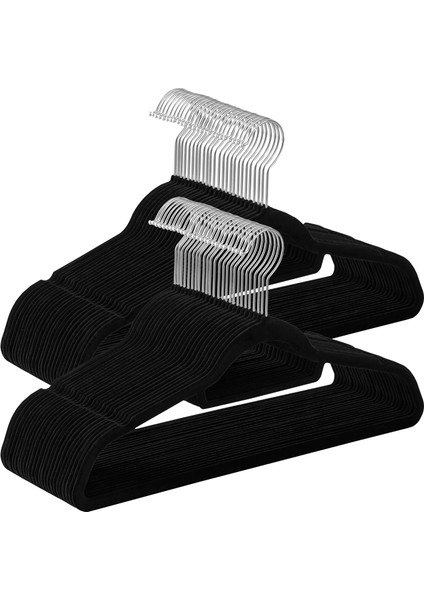 Elbise Askısı, 50 Adet, Her Biri 0,6 cm Kalınlığında, Kaymaz Yüzeyli Elbise Askısı, Kadife, Iki Çentikli, 360° Dönebilen Kanca, Ince ve Yer Tasarruflu, Siyah CRF50B