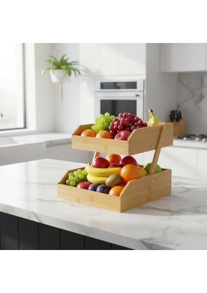 Doğal Bambu Iki Katlı Dekoratif Mutfak ve Banyo Organizeri | Çok Amaçlı Düzenleyici Raf | Meyvelik, Sebzelik, Baharatlık, Banyo Rafı | 26X32X23 cm fiyatları