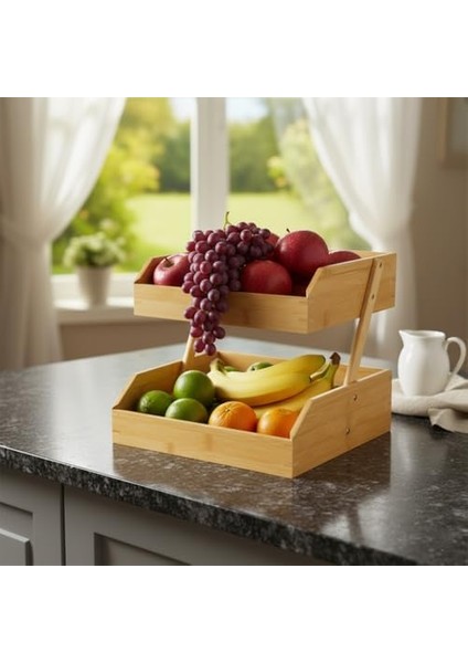 Doğal Bambu Iki Katlı Dekoratif Mutfak ve Banyo Organizeri | Çok Amaçlı Düzenleyici Raf | Meyvelik, Sebzelik, Baharatlık, Banyo Rafı | 26X32X23 cm modelleri