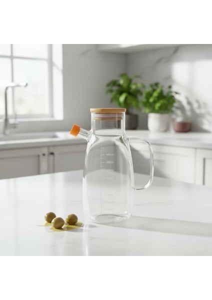 Borosilikat Cam Yağlık - Bambu Kapaklı ve Ölçü Çizgili Sirkelik | Damlatmaz Ağızlı, Dayanıklı, Kurşunsuz Yağdanlık (1000 Ml) fiyatları