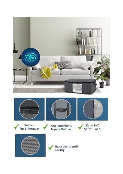 3 Adet Gri Pencereli Giysi Hurcu Saklama Çantası 64X45X22 fiyatları