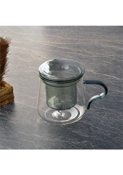 Borosilikat Cam Bitki Çayı Demleme Kupası | Cam Süzgeçli ve Cam Kapaklı Fincan | 350 ml | Tek Kişilik Çay Bardağı (Tombul Uzun Füme Rengi)