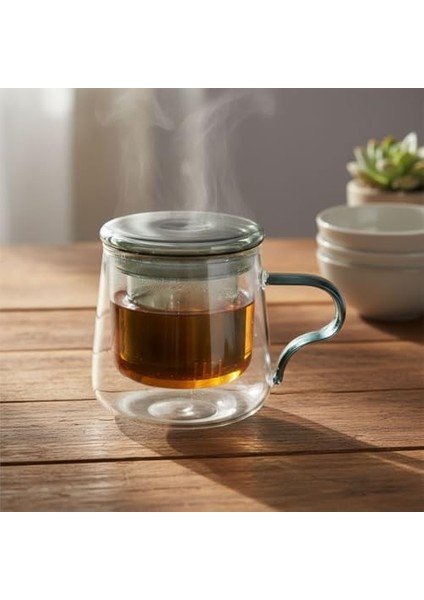 Borosilikat Cam Bitki Çayı Demleme Kupası | Cam Süzgeçli ve Cam Kapaklı Fincan | 350 ml | Tek Kişilik Çay Bardağı (Tombul Uzun Füme Rengi) fiyatları