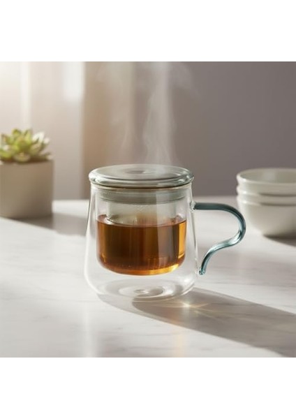Borosilikat Cam Bitki Çayı Demleme Kupası | Cam Süzgeçli ve Cam Kapaklı Fincan | 350 ml | Tek Kişilik Çay Bardağı (Tombul Uzun Füme Rengi) modelleri