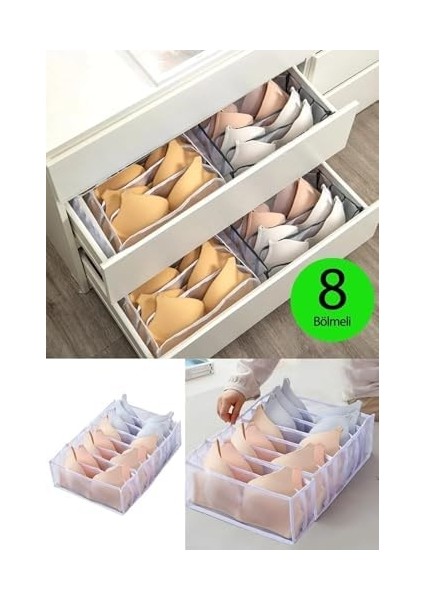 Şeffaf Sütyen Düzenleyici Çekmece Dolap Içi Organizer 8 Bölmeli (36 x 29 x 12 Cm)