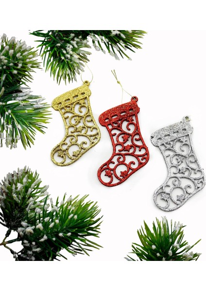 Yılbaşı Ağacı Için Asılabilir Çorap Formunda Süsler – Parlak Simli Dekor Seti (3’lü)