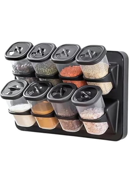 8&apos;li Duvara Asmalı Baharatlık Seti - Tezgah Üstü Stantlı, Yapışkanlı ve 360 Derece Döner Kapaklı Plastik Mutfak Baharatlık, Renk