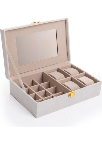 Bej Kadife Mücevher Organizer Takı Kutusu Düzenleyici | Aynalı, Bölmeli, Şık Takı Saklama Kutusu, Kadife Kaplama 25×16×7 cm fiyatları