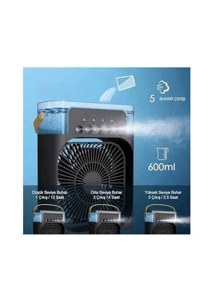 Taşınabilir Işıklı 5 Spreyli Vantilatör Buzlu Buharlı Vantilatör Mini Fan Nemlendirici Siyah