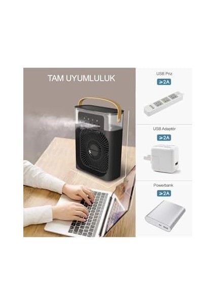 Taşınabilir Işıklı 5 Spreyli Vantilatör Buzlu Buharlı Vantilatör Mini Fan Nemlendirici Siyah modelleri