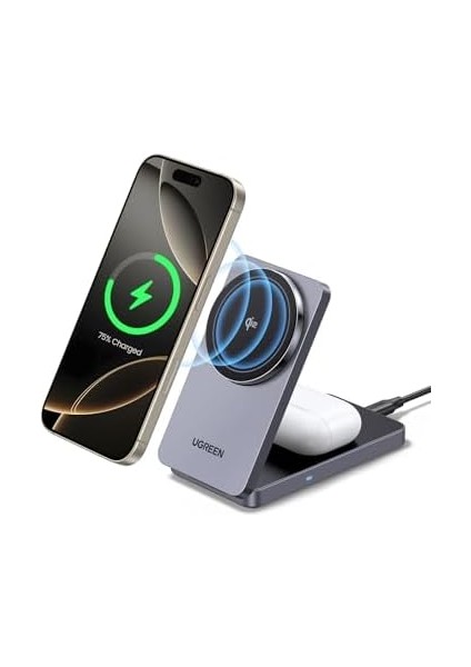 Ugreen Magflow Qi2 Sertifikalı 15W Şarj Istasyonu, Magsafe ile Uyumlu 2&apos;si 1 Arada Manyetik Şarj Istasyonu, 16,16 Pro,16 Pro Max,15,14,13,airpods Için Katlanabilir Kablosuz Şarj Cihazı fiyatları