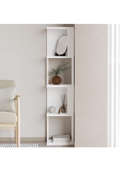 Herry Köşe Kitaplık – Dekoratif Raf Ünitesi, Modern Kütüphane, Beyaz