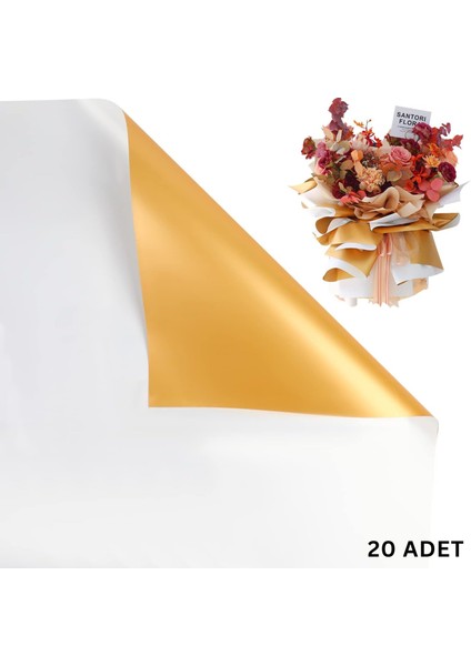 Çiçek Ambalaj Kağıdı 20LI, Çift Yüzlü Mat Şeffaf Hediye Buket Sargı Kağıdı, Beyaz & Altın, 58X58 cm