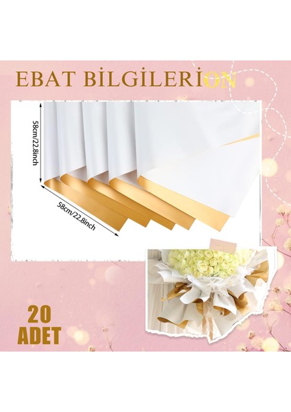 Çiçek Ambalaj Kağıdı 20LI, Çift Yüzlü Mat Şeffaf Hediye Buket Sargı Kağıdı, Beyaz & Altın, 58X58 cm fiyatları