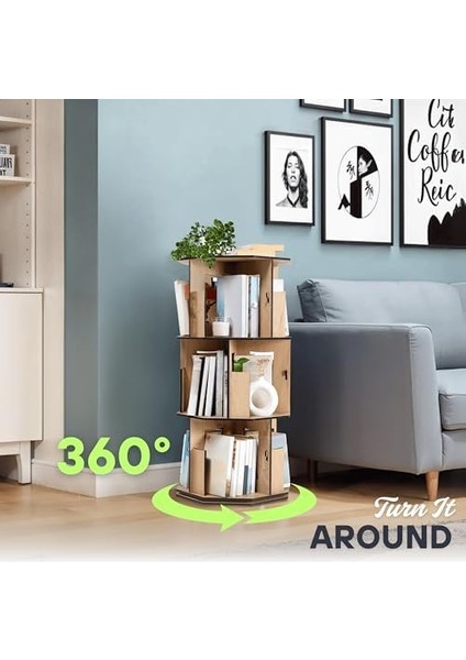 360° Döner Kitaplık – Modern ve Dekoratif Çok Katmanlı Ahşap Kitap ve Dergi Rafı (Meşe, 3 Raflı) modelleri