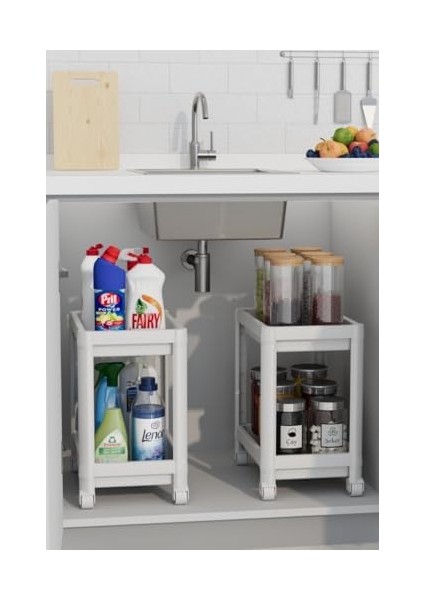 Life 2 Adet 2 Katlı Tekerlekli Tezgah Altı Beyaz Banyo Mutfak Rafı MIT1120 modelleri