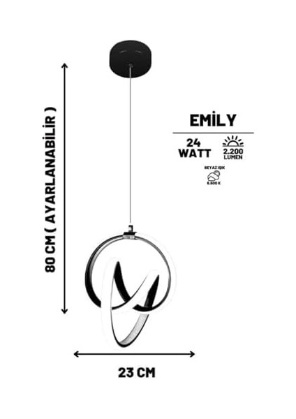 Modern LED Avize, Siyah Alüminyum, 30 cm Çap, 90 cm Ayarlanabilir Yükseklik, 6500K Beyaz Işık, 3750 Lümen, Salon Mutfak Hol Aydınlatma