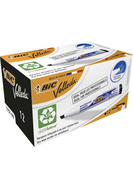Velleda 1751 Eco Kesik Uçlu Beyaz Tahta, Siyah, 12&apos;li Kutu, 3,7 mm ile 5,5 mm Kalın Uç,kuru Silinebilir Mürekkep