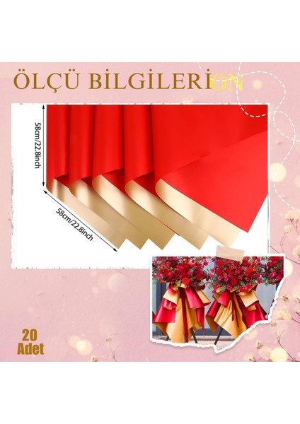 Çiçek Ambalaj Kağıdı 20LI-58X58 Cm- Çift Yüzlü Mat Şeffaf Hediye Buket Sargı Kağıdı, Kırmızı & Altın fiyatları