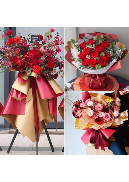 Çiçek Ambalaj Kağıdı 20LI-58X58 Cm- Çift Yüzlü Mat Şeffaf Hediye Buket Sargı Kağıdı, Kırmızı & Altın indirimleri