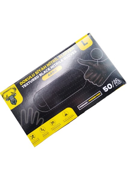Reınder Dokulu Siyah Nitril Eldiven L 50 Pcs