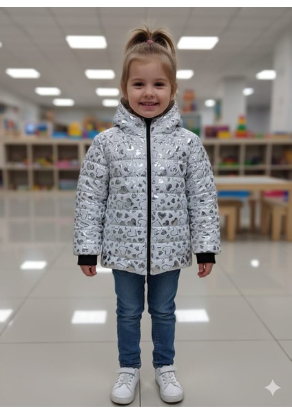 Yeni Parlak Kalp Baskılı Su ve Rüzgar Geçirmez Kız Çocuk Montu