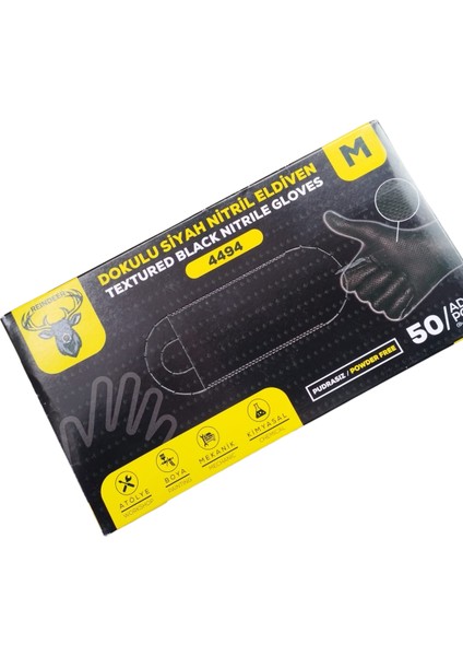 Reınder Dokulu Siyah Nitril Eldiven (50 Pcs)