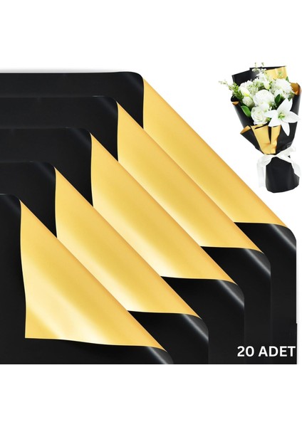 Çiçek Ambalaj Kağıdı 20LI, Çift Yüzlü Mat Şeffaf Hediye Buket Sargı Kağıdı, Siyah & Altın, 58X58 cm
