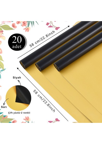 Çiçek Ambalaj Kağıdı 20LI, Çift Yüzlü Mat Şeffaf Hediye Buket Sargı Kağıdı, Siyah & Altın, 58X58 cm fiyatları