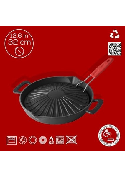 Döküm Yuvarlak Grill Izgara Tavası Genghis Khan Serisi Çift Kulp ve Silikon Tel Saplı ÇAP(Ø)32CM.