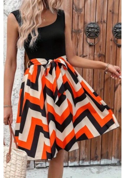 Kare Yaka Desenli Kuşaklı Midi Boy Elbise - Turuncu fiyatları