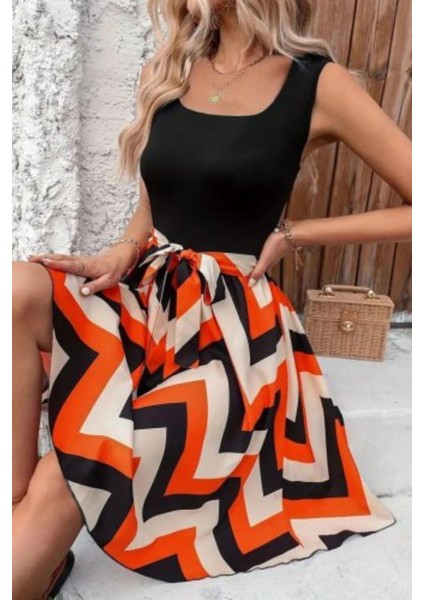 Kare Yaka Desenli Kuşaklı Midi Boy Elbise - Turuncu modelleri