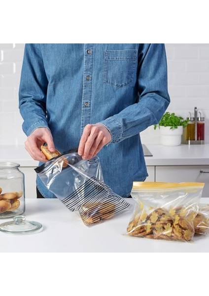 Orta Boy Yeniden Kullanılabilir Gıda Torbaları, Çift Mühürlü, 1,2 ve 2,5 Litre, Siyah Çizgili/sarı Yaprak - 100 Torba Seti modelleri