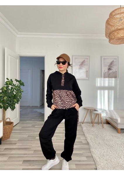 Kadın Uzun Kollu Leopar Detay Sweat ve Yanı Leopar Şerit Detay Pantolon Ikili Takım indirimleri