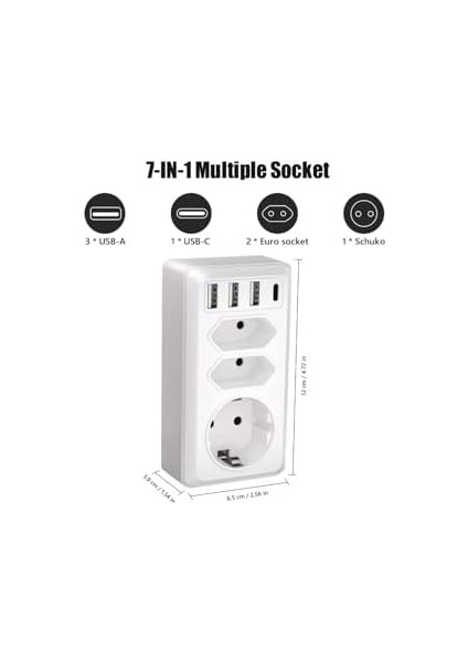 7&apos;si 1 Arada Çoklu Priz, USB Priz, Type-C + 3 Usb&apos;li Çoklu Priz, fiyatları