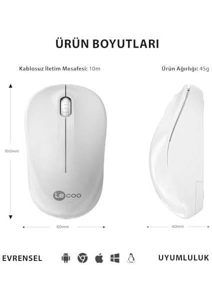 WS206 Kablosuz 1200DPI 3 Tuşlu Sessiz Pc, Mac, Dizüstü Bilgisayar Için, USB Mini Alıcı ile Optik Mouse Beyaz fiyatları