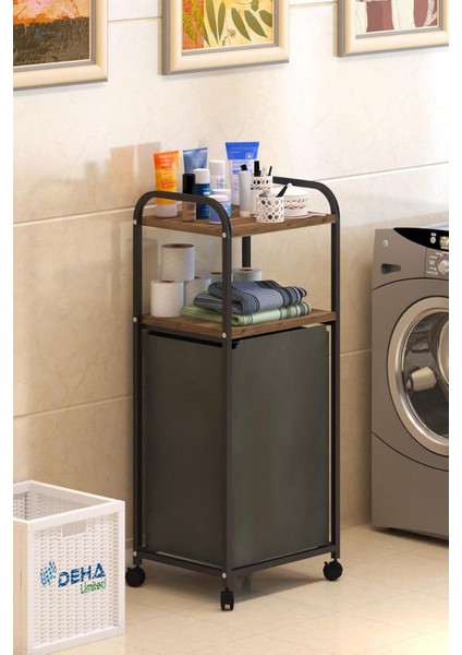 Dehalimited 2 Raflı Frenli Tekerlekli Çamaşır Sepeti Dolabı Kirli Sepetli Düzenleyici Çamaşırlık Kahnanerengi, Dehalimited