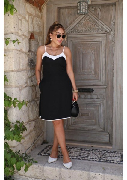 Ince Askılı V Yaka Mini Krep Elbise - Siyah